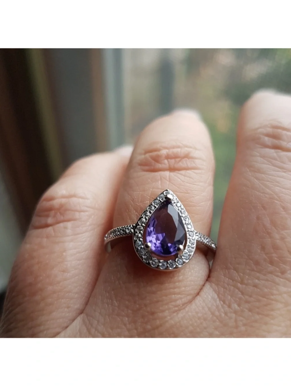 Swarovski Elements 925 Sterling Silver Amethyst Purple Teardrop Ring NEW